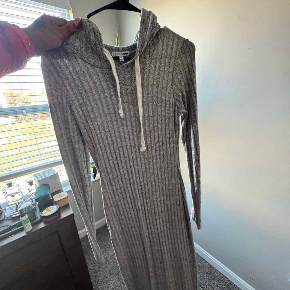Fashion Nova Gray Ribbed Long Sleeve Cowl Neck Dress